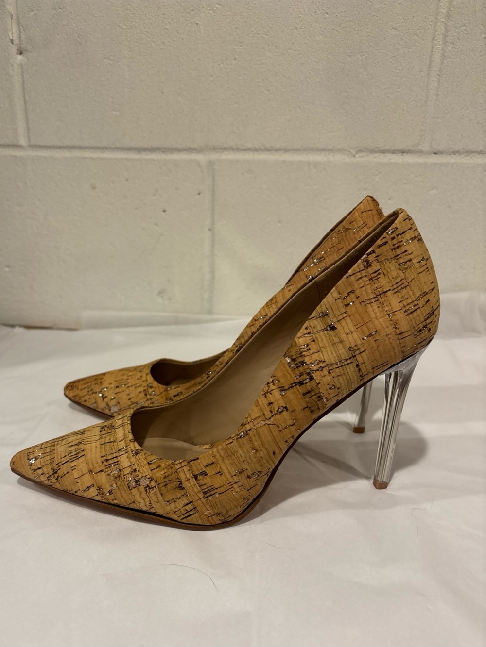 Mix No 6 Forest Cork Pumps Heels Clear Lucite Stilettos Silver Flecks 10M - Picture 4 of 10